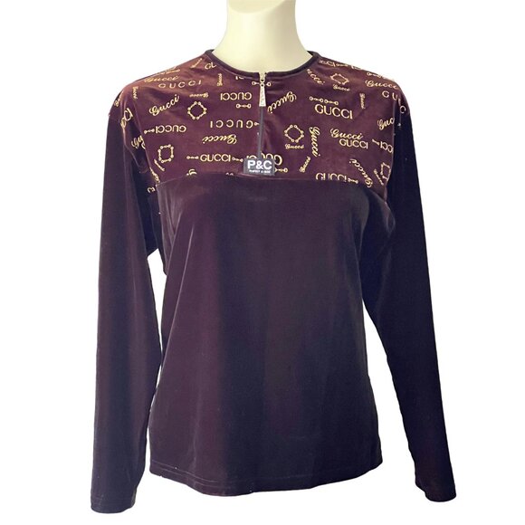 Vintage Brown Velvet Logo Top with Rhinestone Zip Detail, Size M - Picture 14 of 16